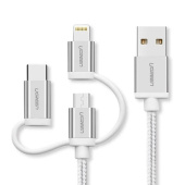 Переходник Ugreen US186 USB 2.0 A To Micro USB+Lightning+Type C (3 in 1) Cable Sliver 1.5M, 50203