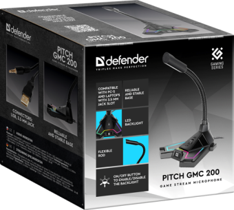 Игровой стрим микрофон Defender Pitch GMC 200 3,5 мм, LED, провод 1.5 м, НОВИНКА!