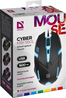 Мышь проводная Defender Cyber MB-560L 7цветов,3кнопки,1200dpi,черный, НОВИНКА!
