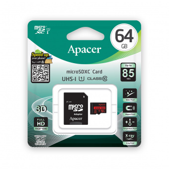 Карта памяти MicroSDXC 64GB Apacer AP64GMCSX10U5-R с адаптером SD