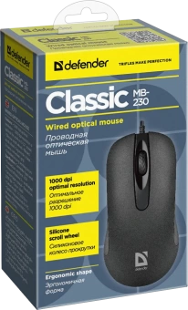 Мышь проводная Defender Classic MB-230 (Черный), USB 4кн, 1кл-кн, 1000-1200 dpi, НОВИНКА!