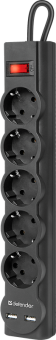 Сетевой фильтр Defender DFS 753 5 розеток, 3 м (защита от ВЧ и импульсных помех, USB зарядка 2.1А)