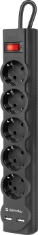 Сетевой фильтр Defender DFS 753 - 3,0 М, 2xUSB, 2.1A, 5 outlets