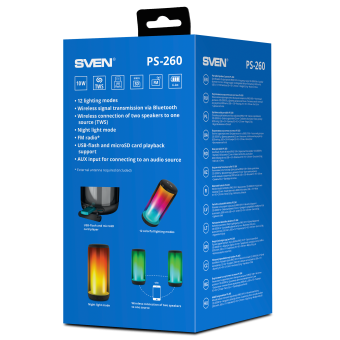 Колонка SVEN PS-260, black (10W, TWS, Bluetooth, FM, USB, microSD, 2000mA*h)